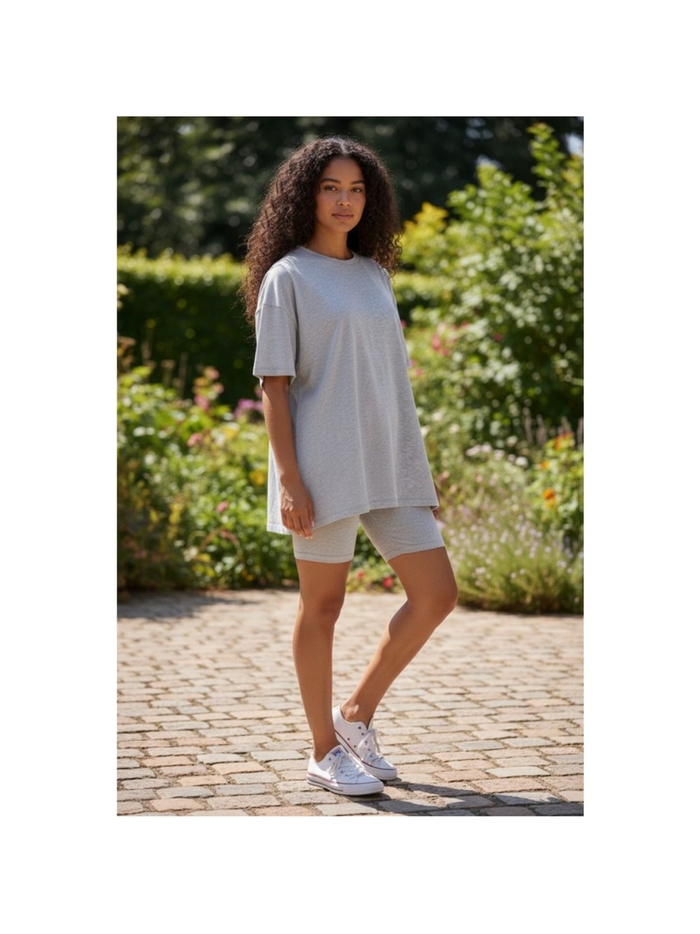 Zenana Oversized Grey Women's Crewneck Tee and Biker Shorts Set